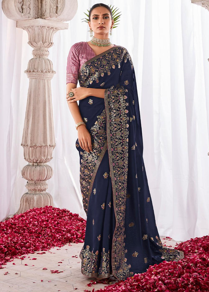 Berry Blue Kora Silk Saree with Meenakari Pallu & Designer Blouse - qivii