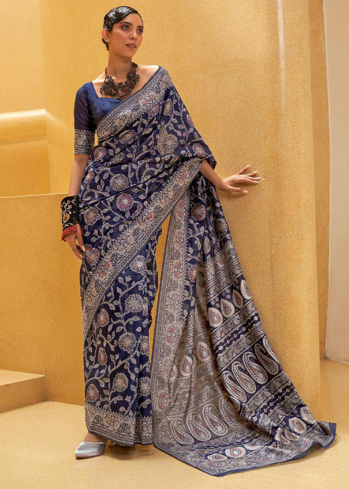 Berry Blue Lucknowi Chikankari Weaving Silk Saree | Stitched Blouse - qivii