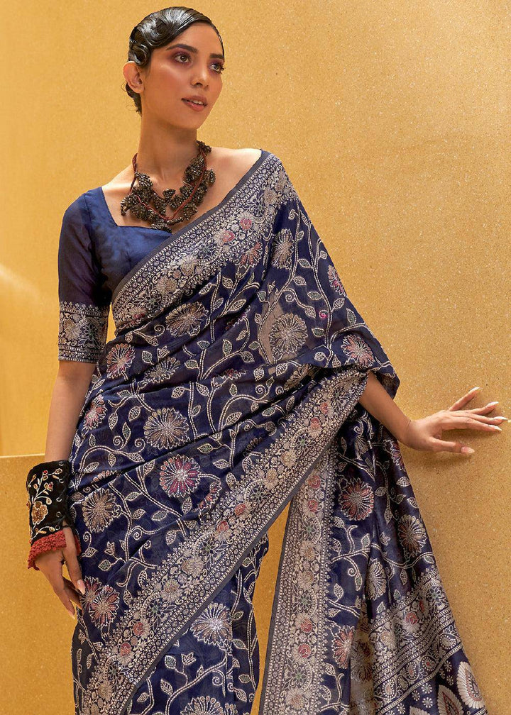 Berry Blue Lucknowi Chikankari Weaving Silk Saree | Stitched Blouse - qivii