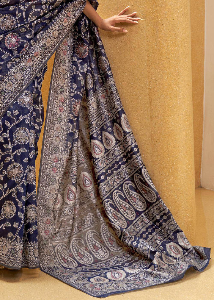 Berry Blue Lucknowi Chikankari Weaving Silk Saree | Stitched Blouse - qivii