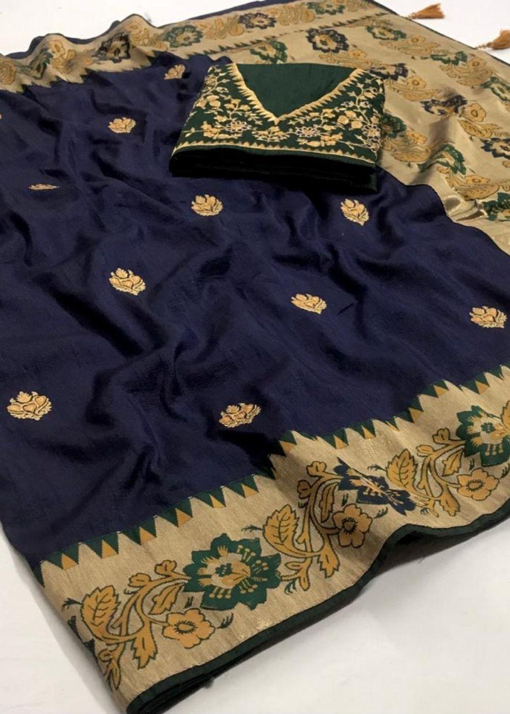 Berry Blue Woven Paithani Saree | Stitched Blouse - qivii