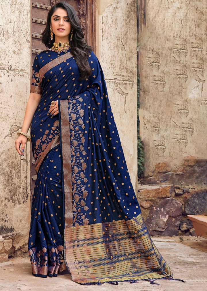 Berry Blue Zari Butta Woven Raw Banarasi Silk Saree | Stitched Blouse - qivii