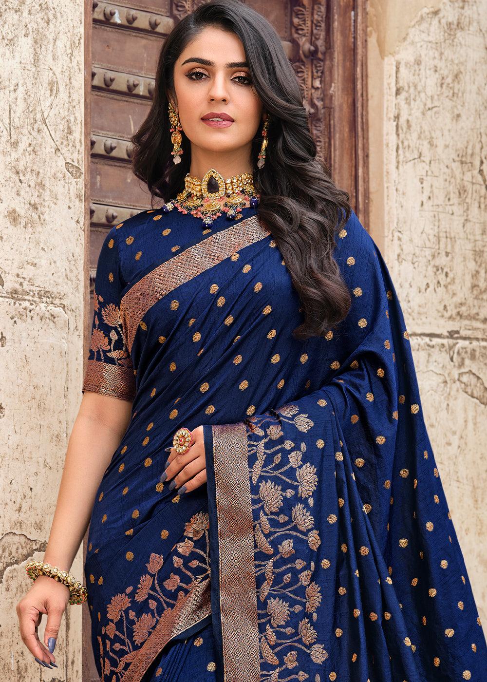 Berry Blue Zari Butta Woven Raw Banarasi Silk Saree | Stitched Blouse - qivii