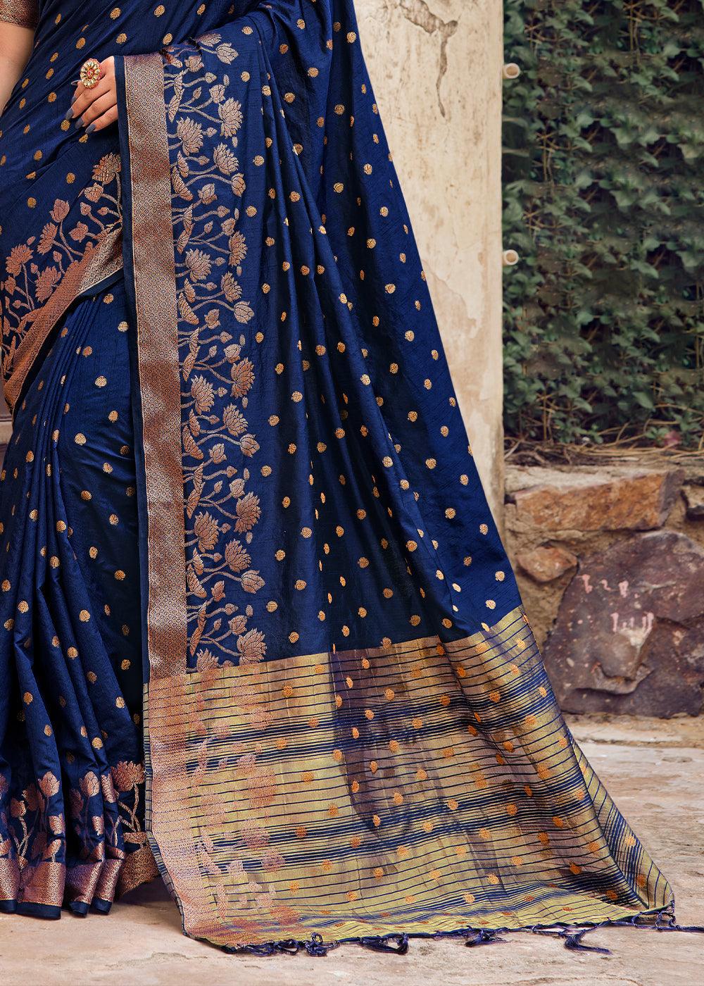 Berry Blue Zari Butta Woven Raw Banarasi Silk Saree | Stitched Blouse - qivii