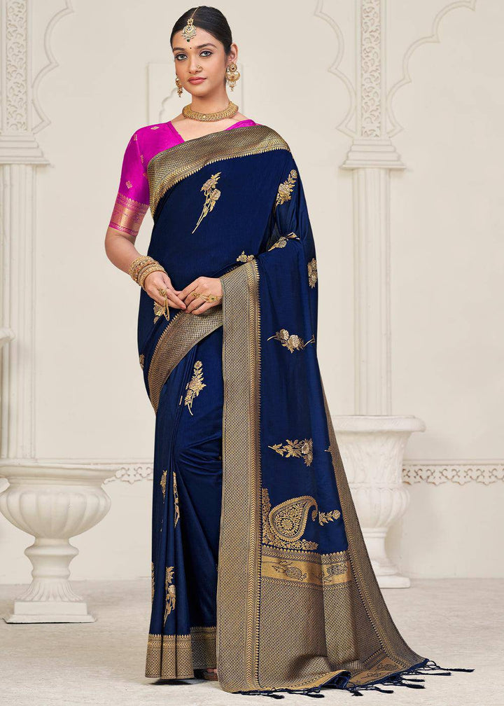 Berry Blue Zari Woven Dola Silk Saree | Stitched Blouse - qivii