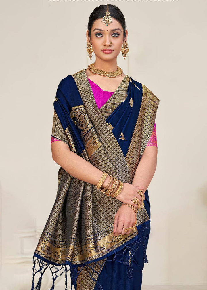 Berry Blue Zari Woven Dola Silk Saree | Stitched Blouse - qivii