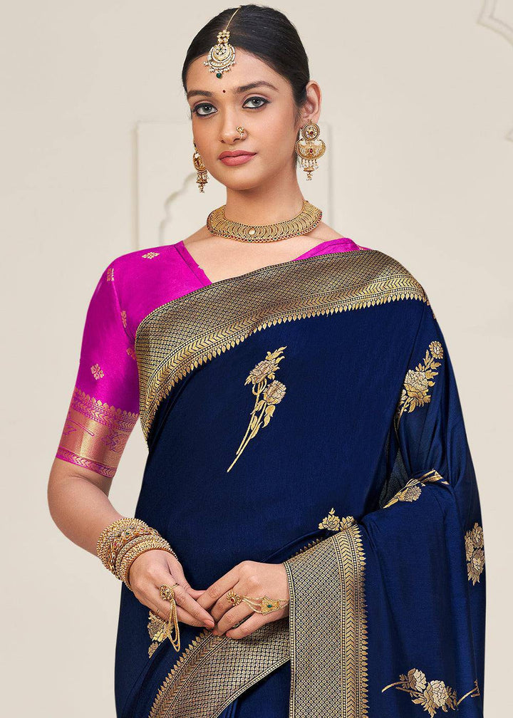 Berry Blue Zari Woven Dola Silk Saree | Stitched Blouse - qivii