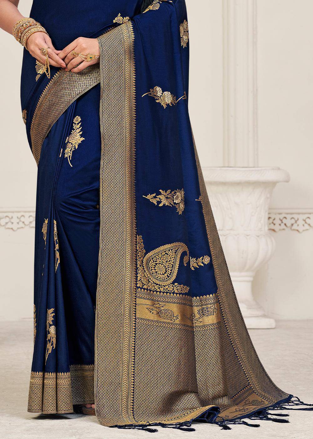 Berry Blue Zari Woven Dola Silk Saree | Stitched Blouse - qivii