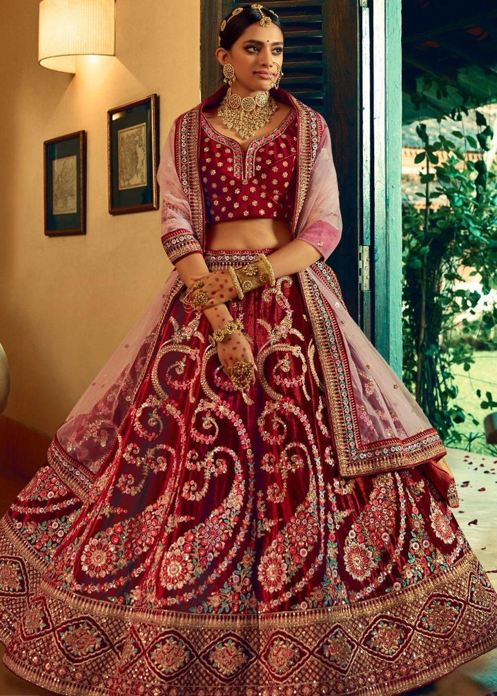 Berry Red Bridal Velvet Lehenga Choli with Embroidery & Hand work - qivii