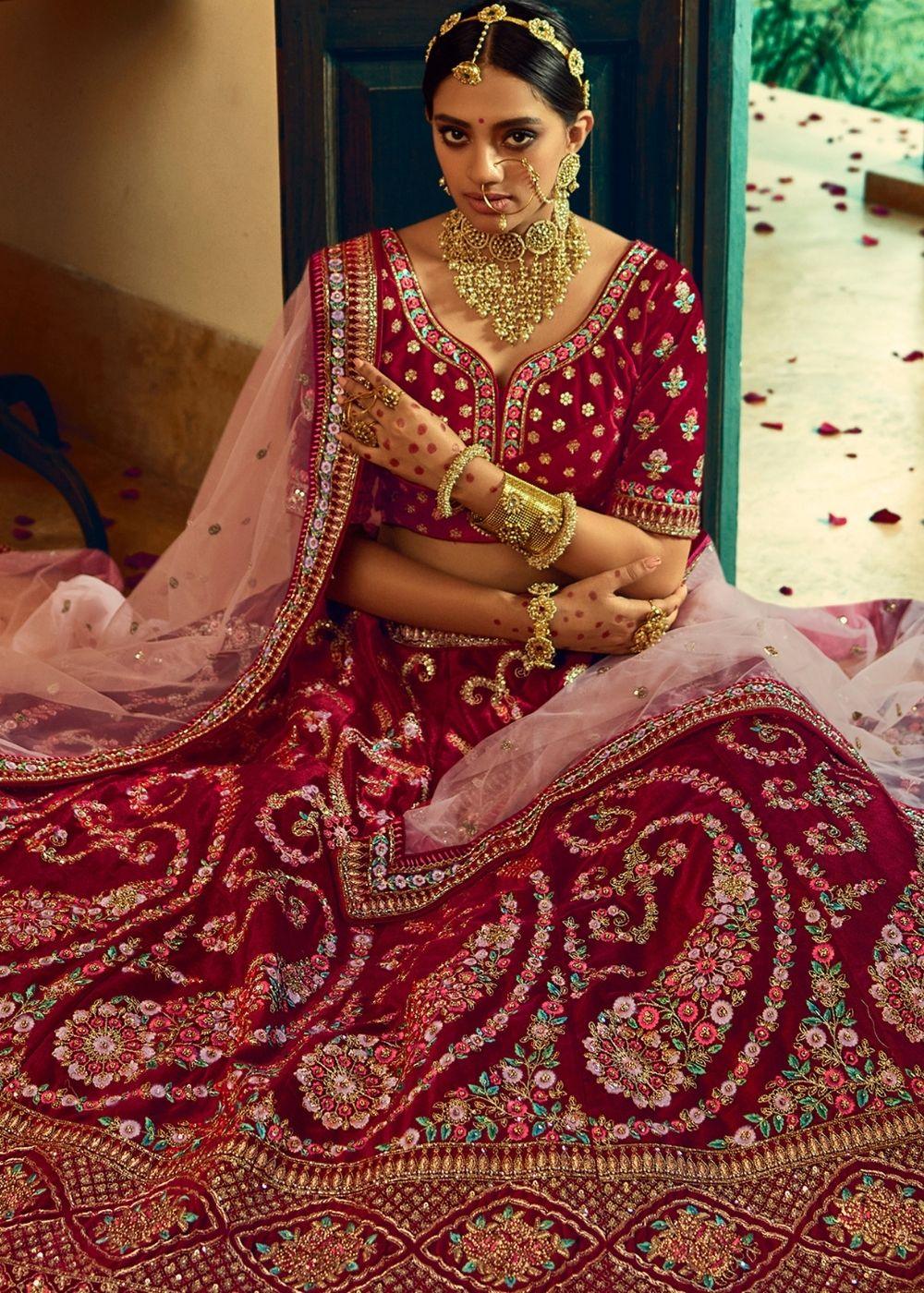 Berry Red Bridal Velvet Lehenga Choli with Embroidery & Hand work - qivii