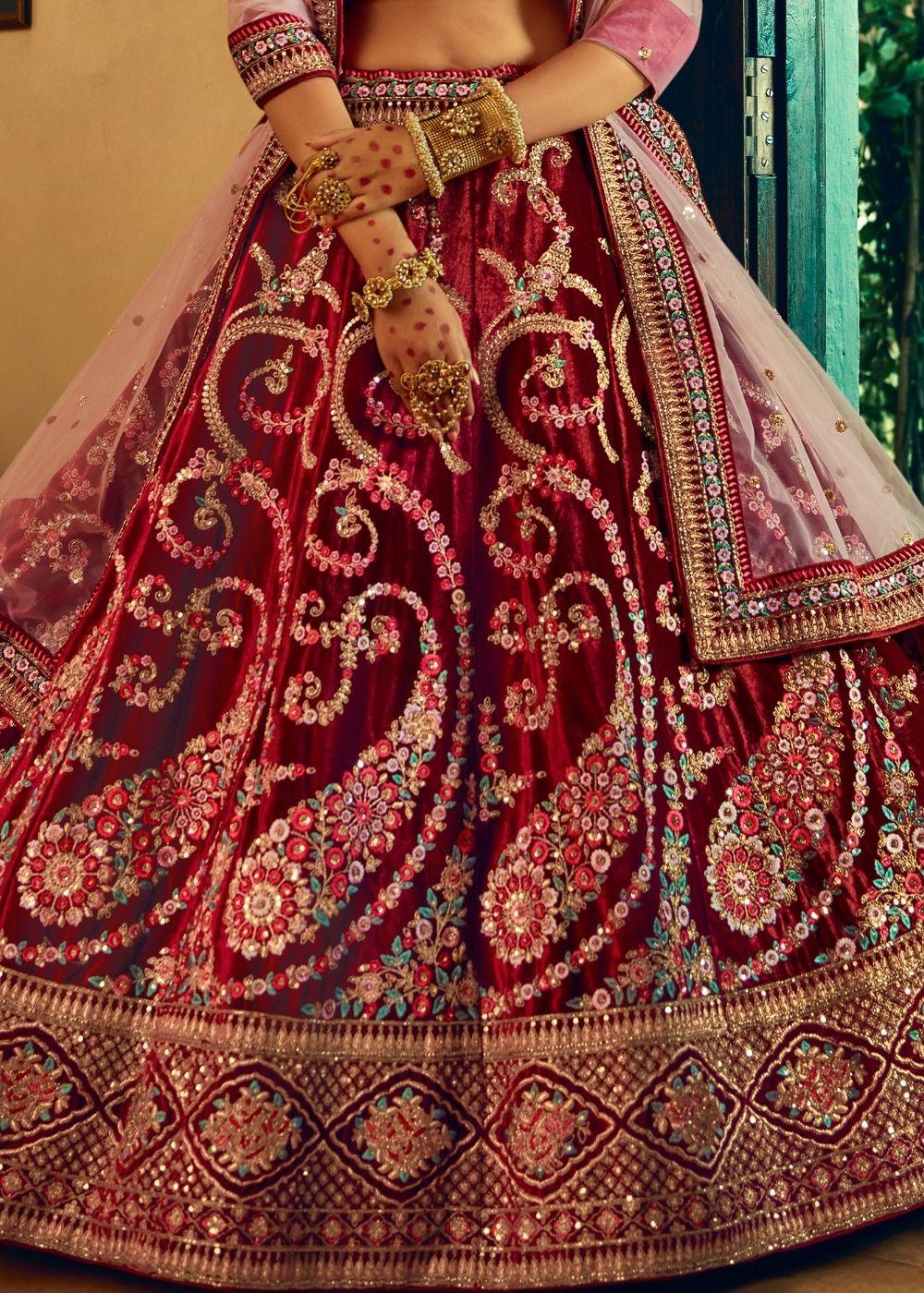 Berry Red Bridal Velvet Lehenga Choli with Embroidery & Hand work - qivii