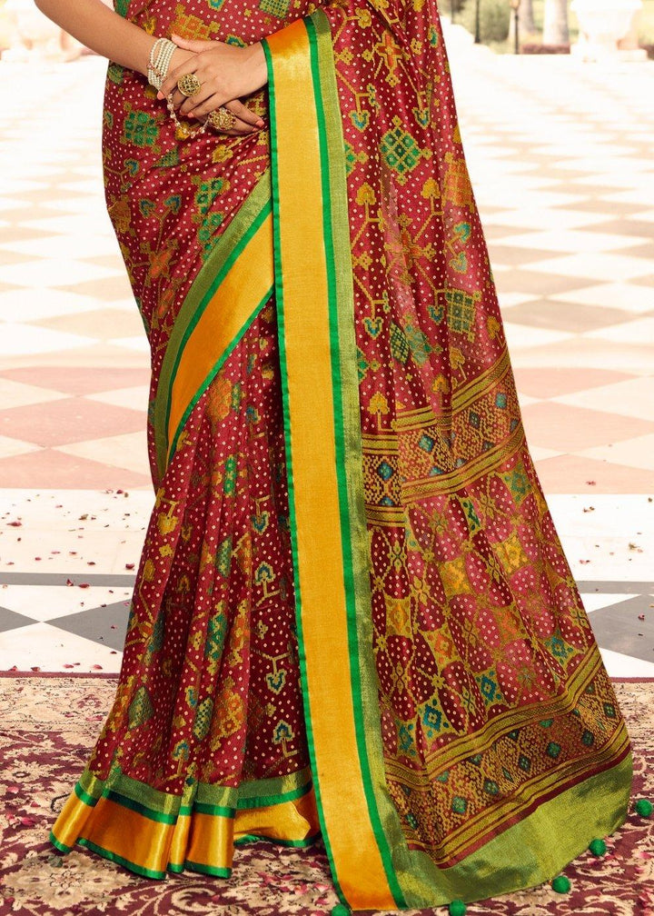 Berry Red Woven Patola Silk Saree | Stitched Blouse - qivii