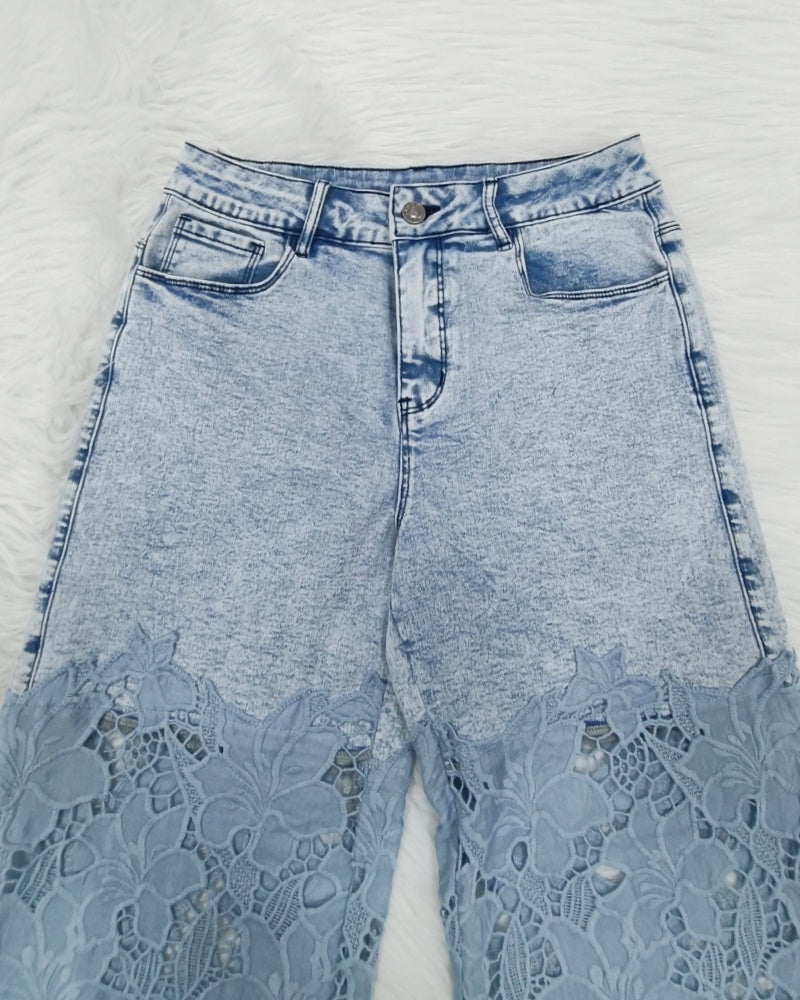 Shapshe® Cut out Floral Denim with Lace Wide Leg Jeans for Women  - By Qivii