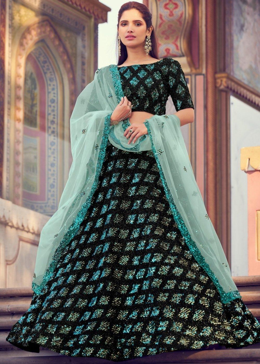 Black & Green Designer Lehenga Choli with Sequins work - qivii