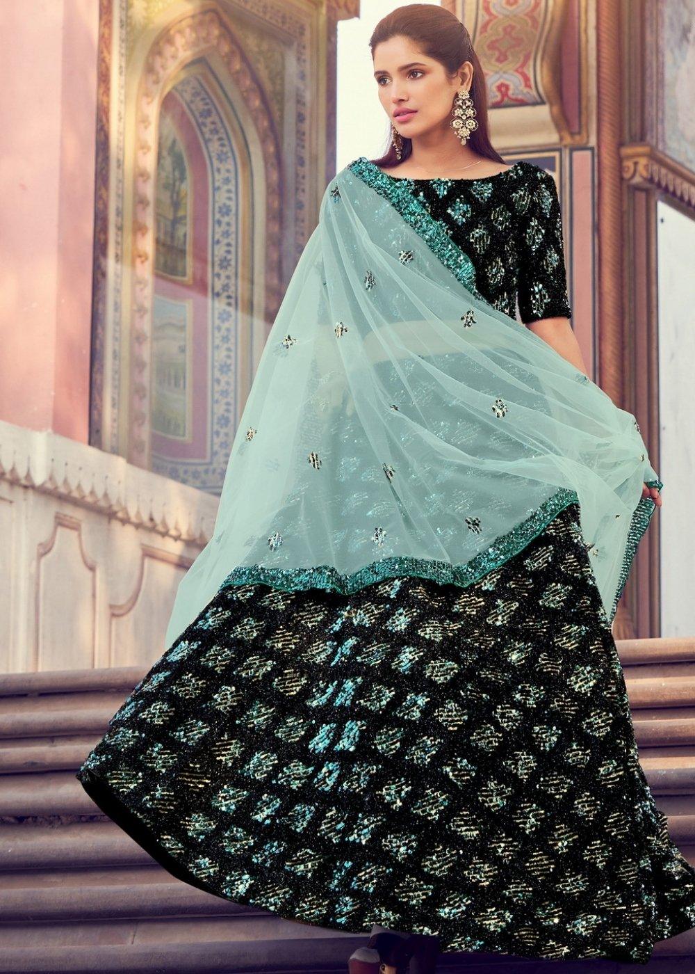 Black & Green Designer Lehenga Choli with Sequins work - qivii