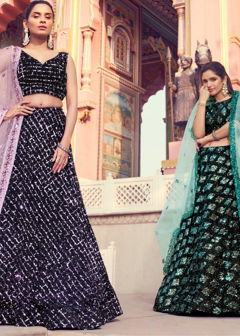 Black & Green Designer Lehenga Choli with Sequins work - qivii