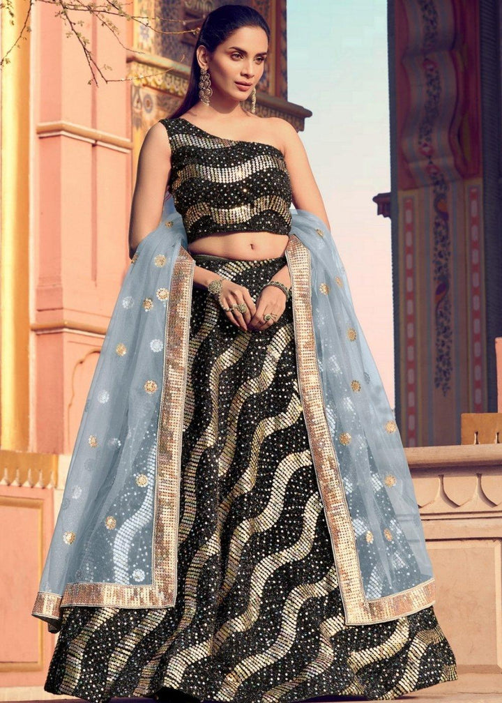 Black & Grey Designer Lehenga Choli with Sequins work - qivii