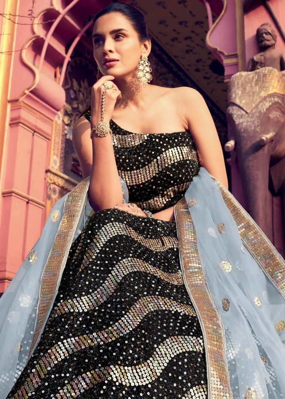 Black & Grey Designer Lehenga Choli with Sequins work - qivii