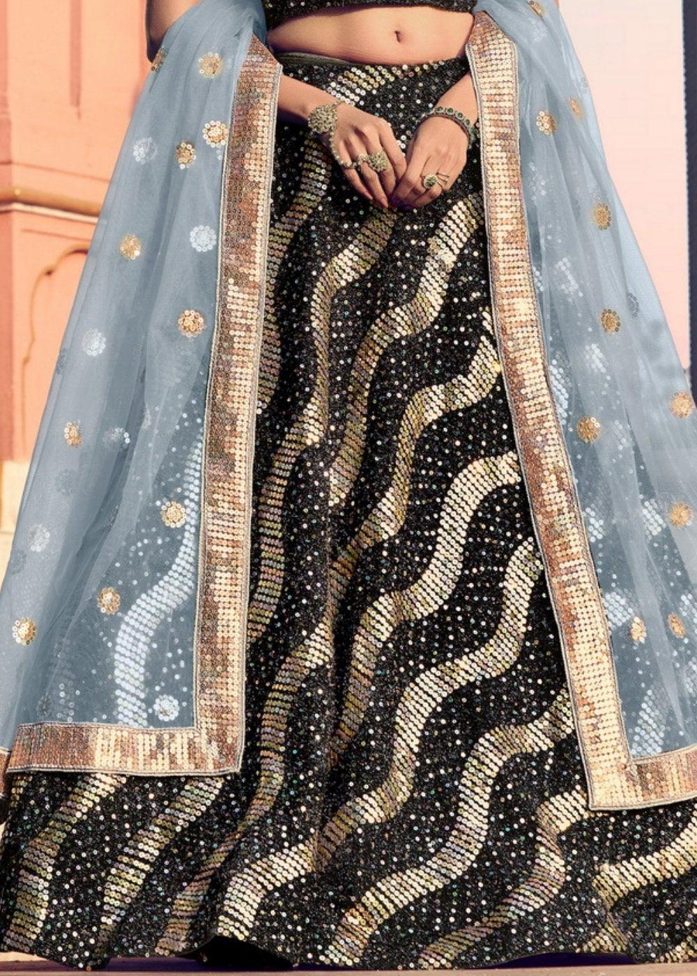 Black & Grey Designer Lehenga Choli with Sequins work - qivii