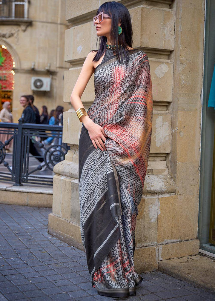 Black & Orange Digital Printed Poly Viscose Saree | Stitched Blouse - qivii