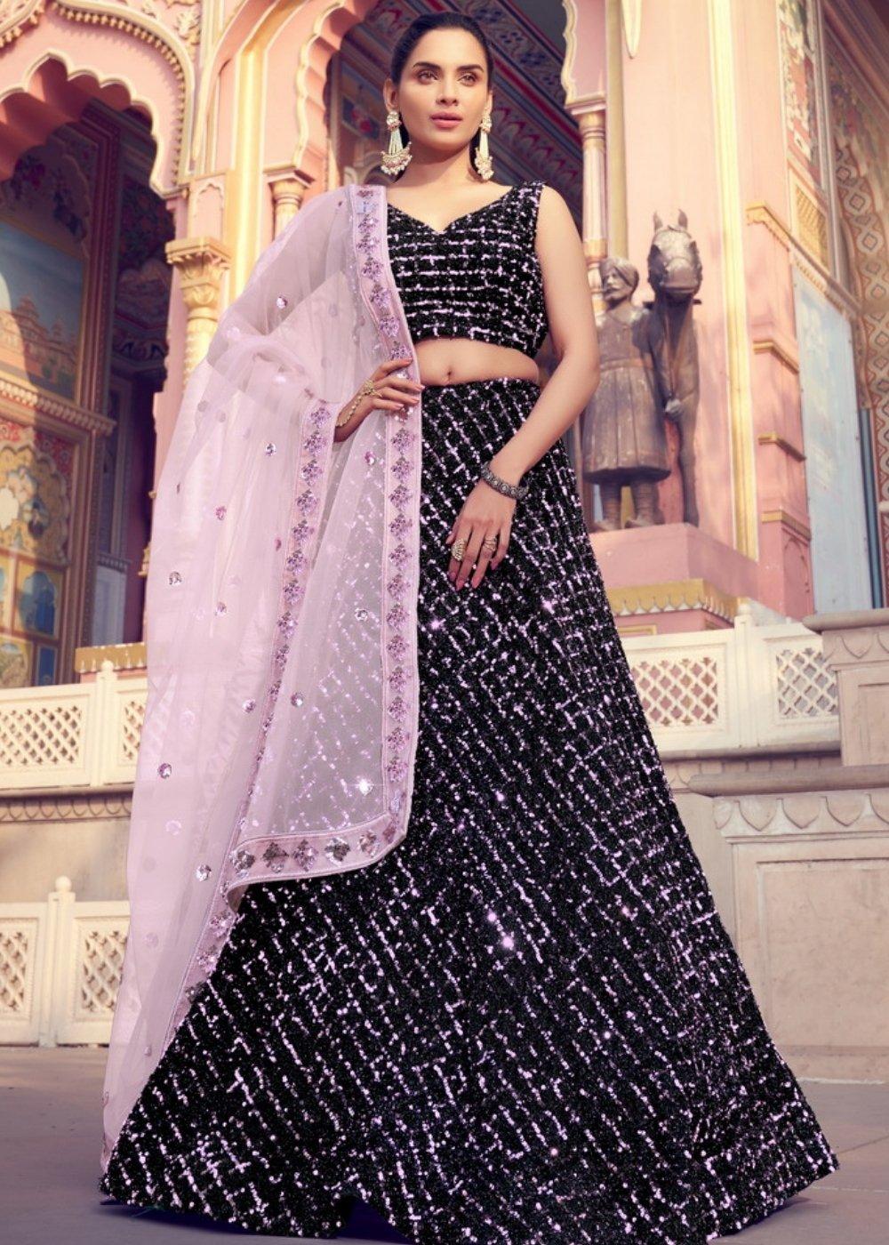 Black & Pink Designer Lehenga Choli with Sequins work - qivii