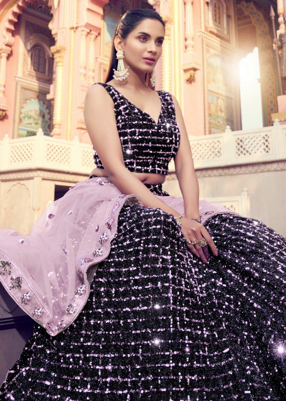 Black & Pink Designer Lehenga Choli with Sequins work - qivii