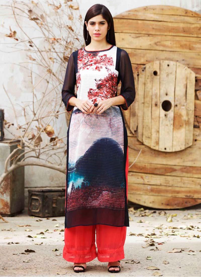 Black And White Floral Printed Long Casual Kurti by Qivii