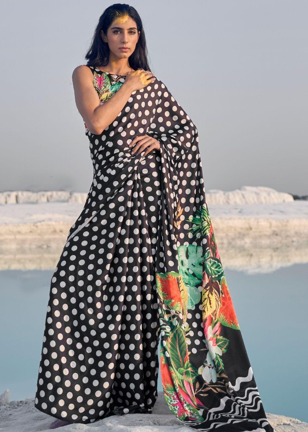 Black and White Polka Dots Digital Printed Crepe Silk Saree | Stitched Blouse - qivii