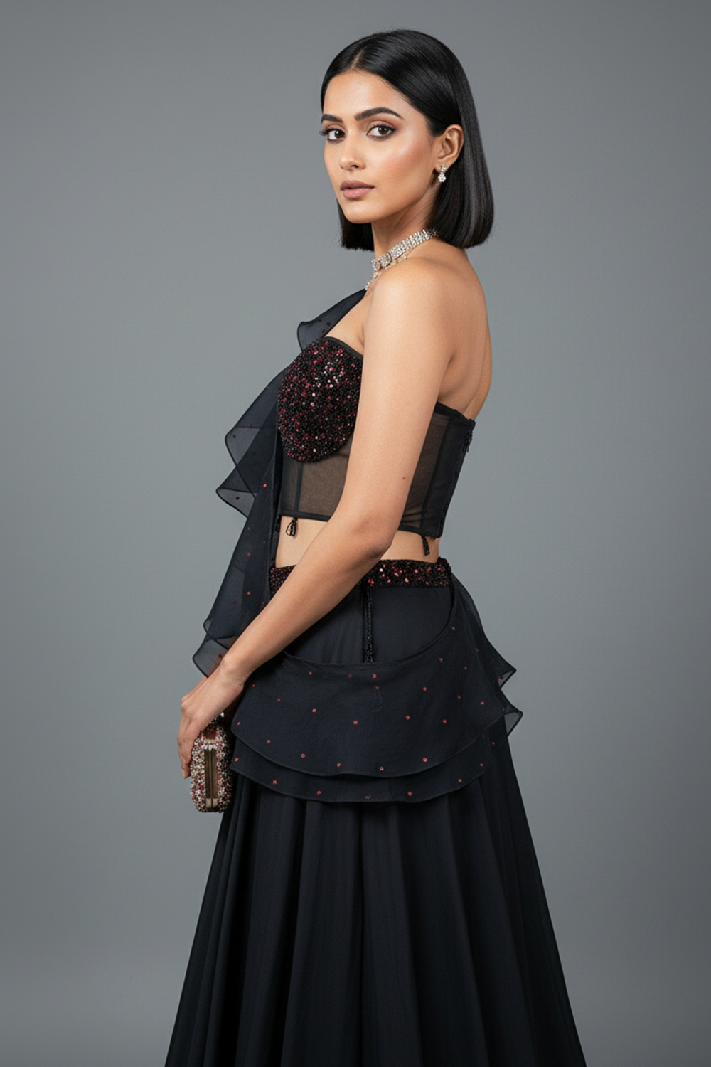 Black Lehenga with Corset Blouse & Dupatta