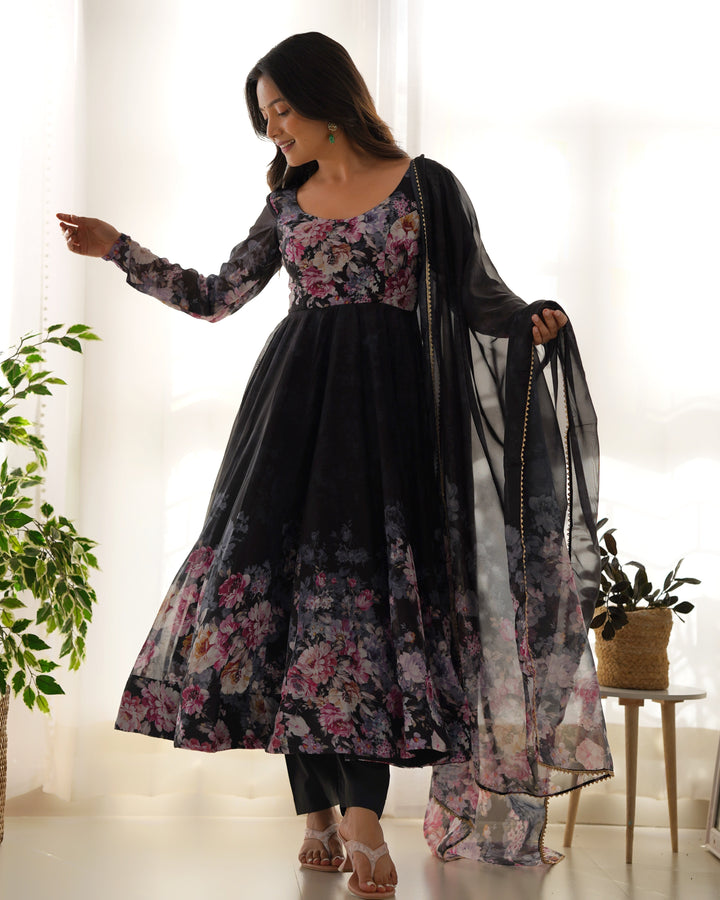 Beautiful black organza printed anarkali suit with matching dupatta by Qivii