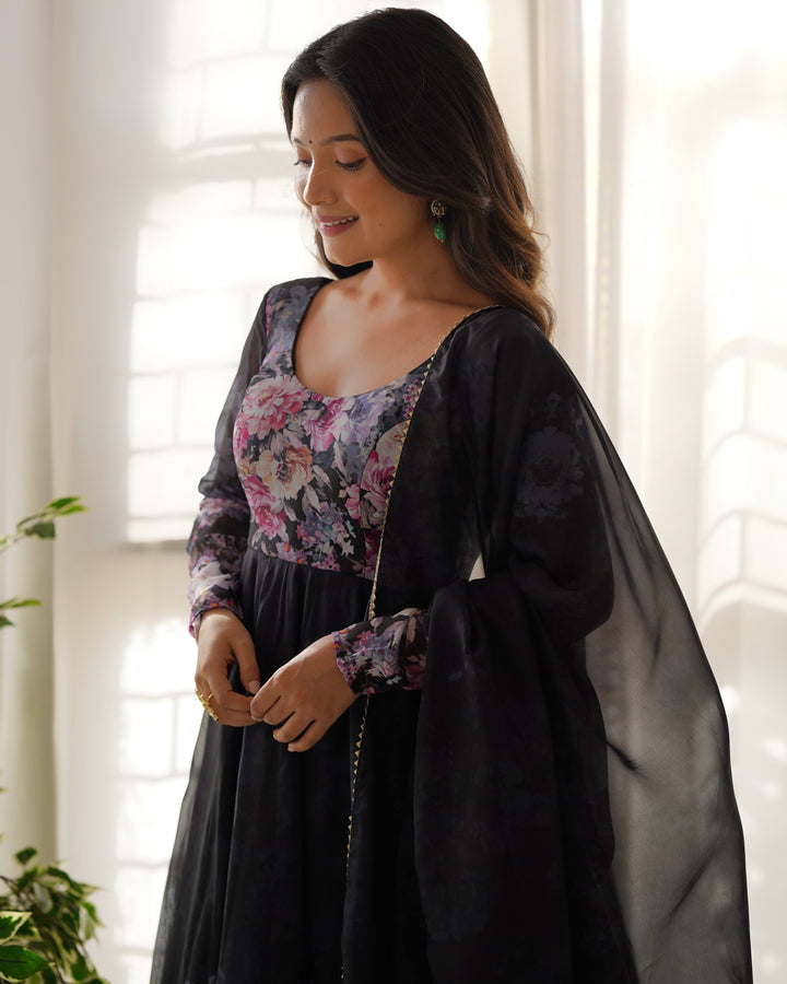 Black Organza printed anarkali suit with dupatta by Qivii, featuring intricate floral designs and elegant detailing for a stylish and sophisticated look