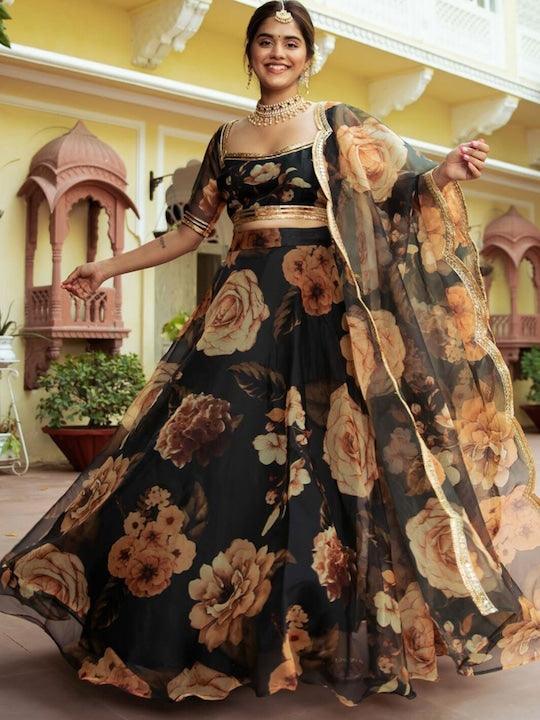 Black Organza printed Floral lehenga choli by Qivii