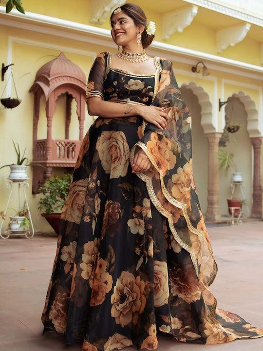 Black Organza printed Floral lehenga choli by Qivii