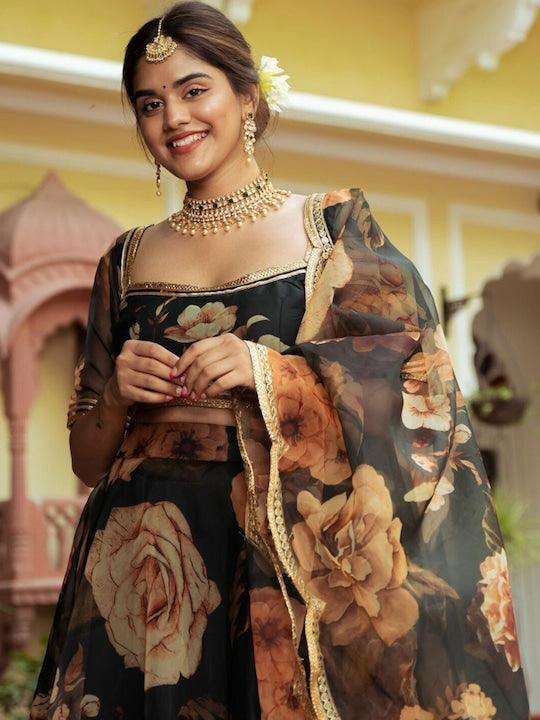 Black Organza printed Floral lehenga choli by Qivii