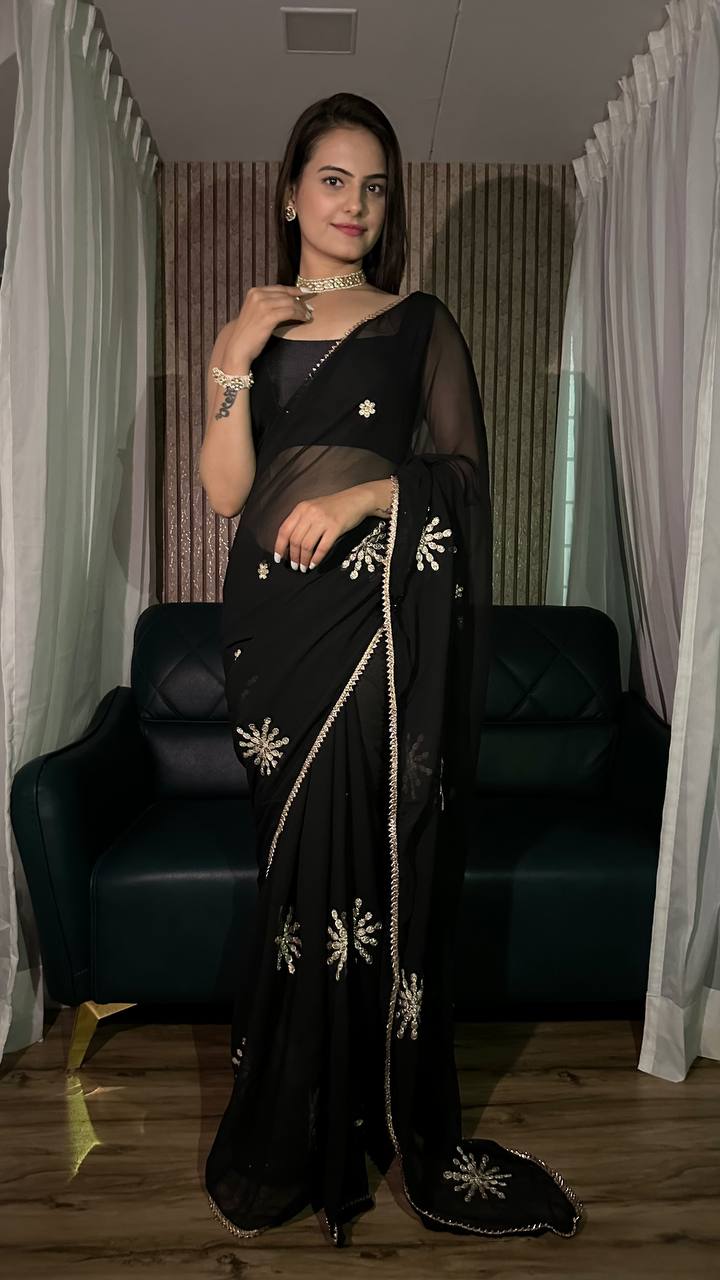 Black Georgette saree with zari embroiderey work & border work