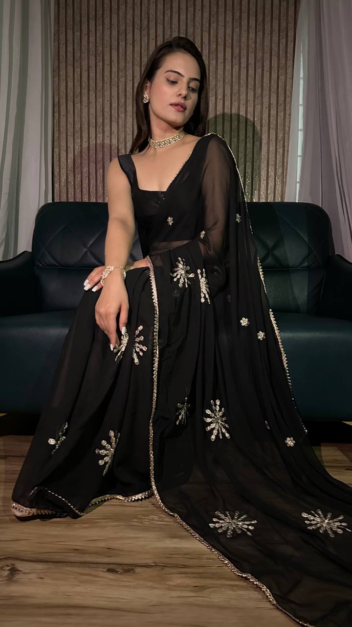 Black Georgette saree with zari embroiderey work & border work