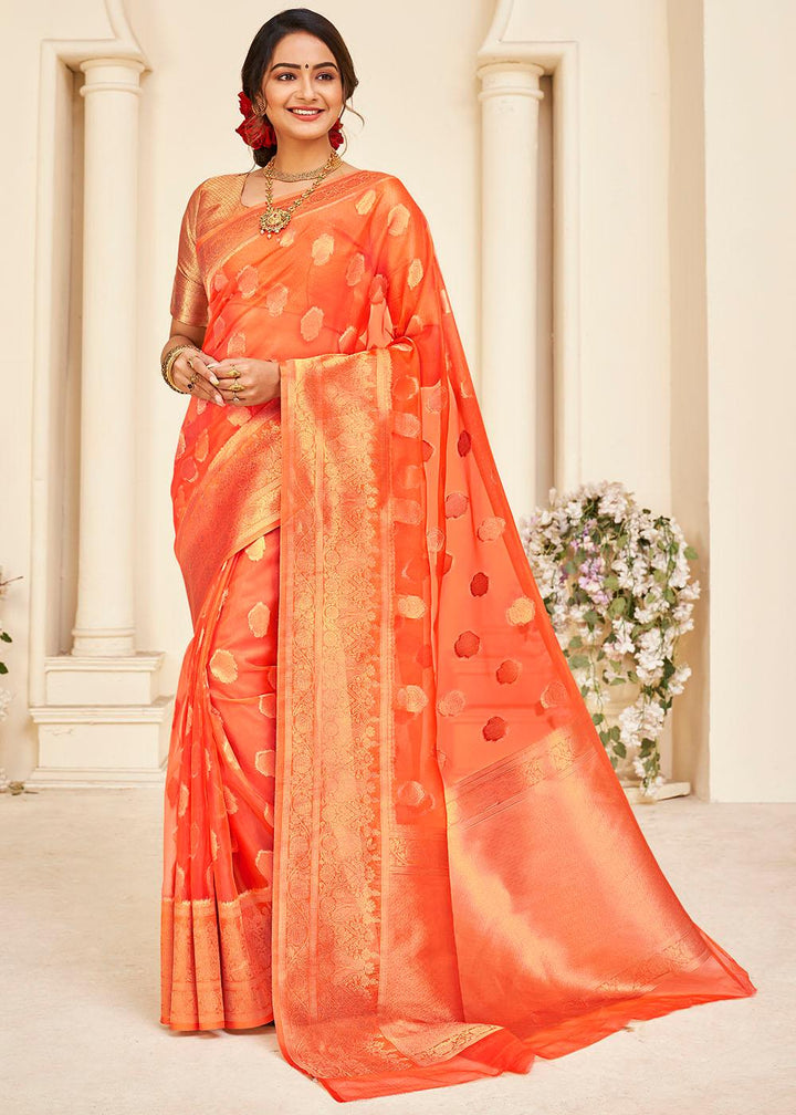 Blaze Orange Zari Woven Organza Silk Saree | Stitched Blouse - qivii