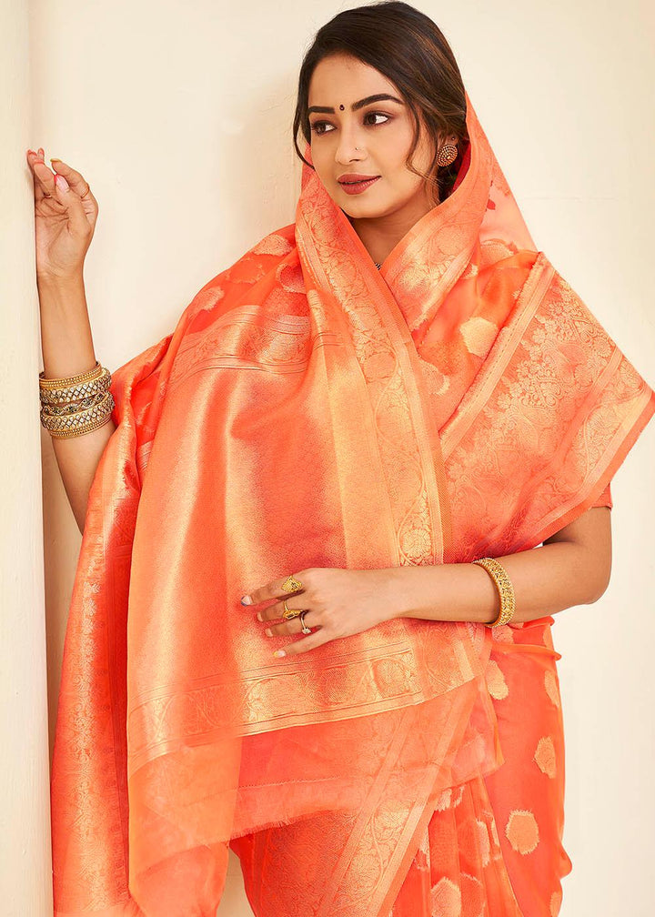 Blaze Orange Zari Woven Organza Silk Saree | Stitched Blouse - qivii