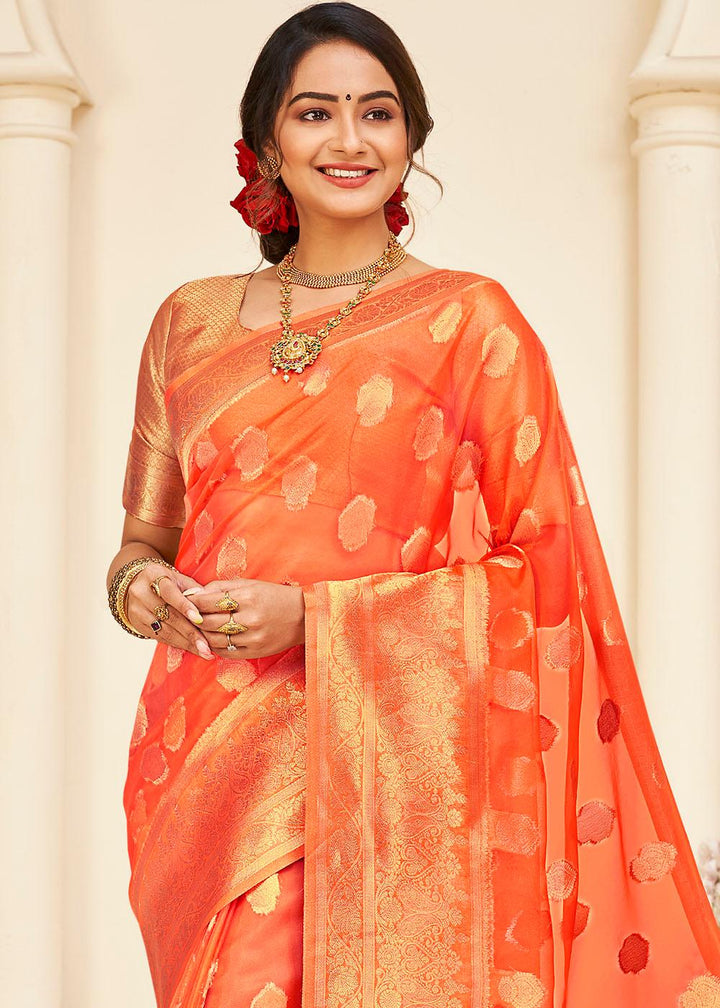 Blaze Orange Zari Woven Organza Silk Saree | Stitched Blouse - qivii