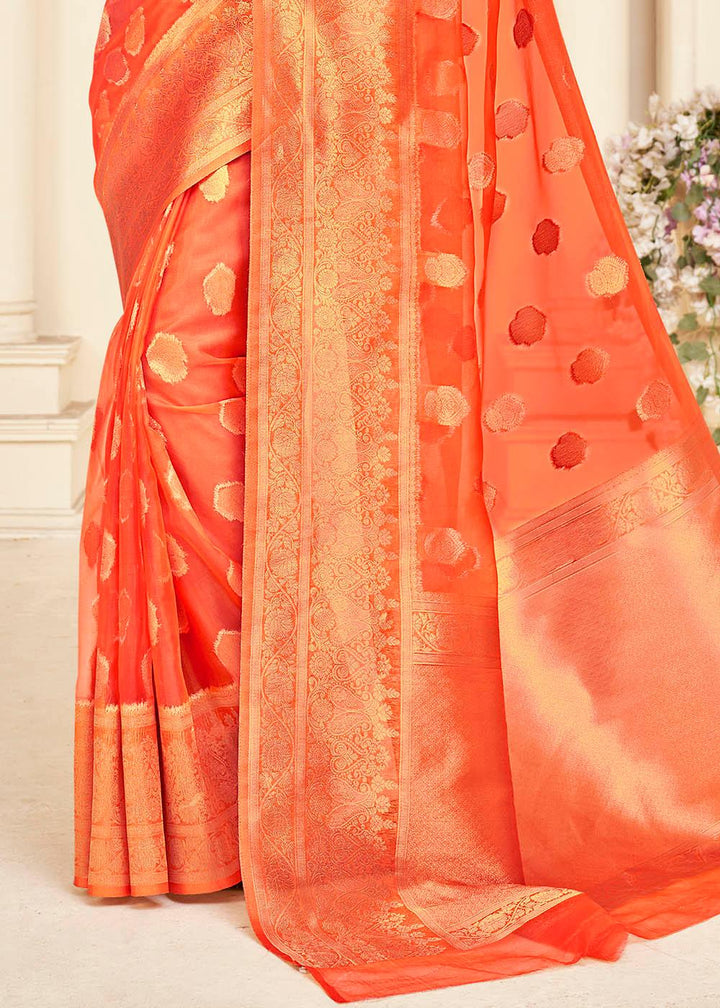 Blaze Orange Zari Woven Organza Silk Saree | Stitched Blouse - qivii