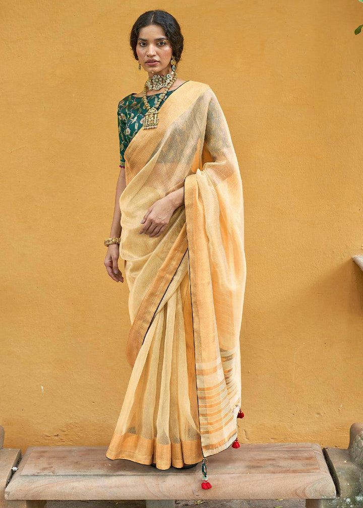 Blonde Yellow Soft Tissue Organza Silk Saree with Brocade Blouse | Stitched Blouse - qivii