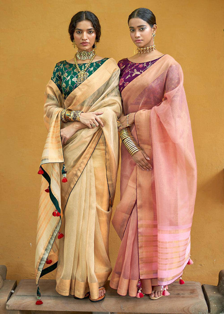 Blonde Yellow Soft Tissue Organza Silk Saree with Brocade Blouse | Stitched Blouse - qivii