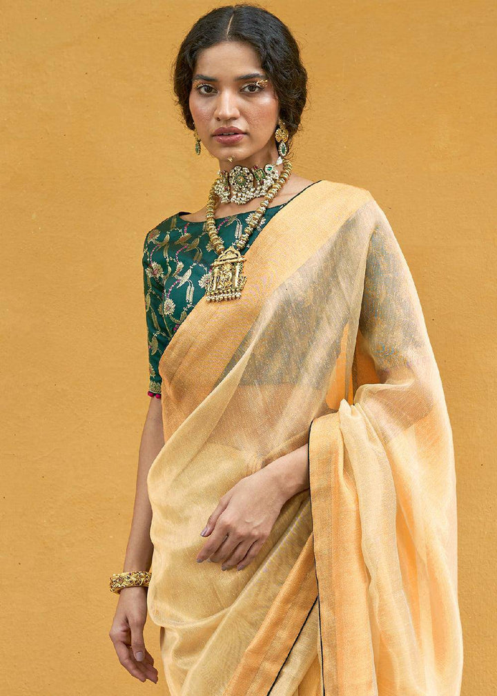 Blonde Yellow Soft Tissue Organza Silk Saree with Brocade Blouse | Stitched Blouse - qivii