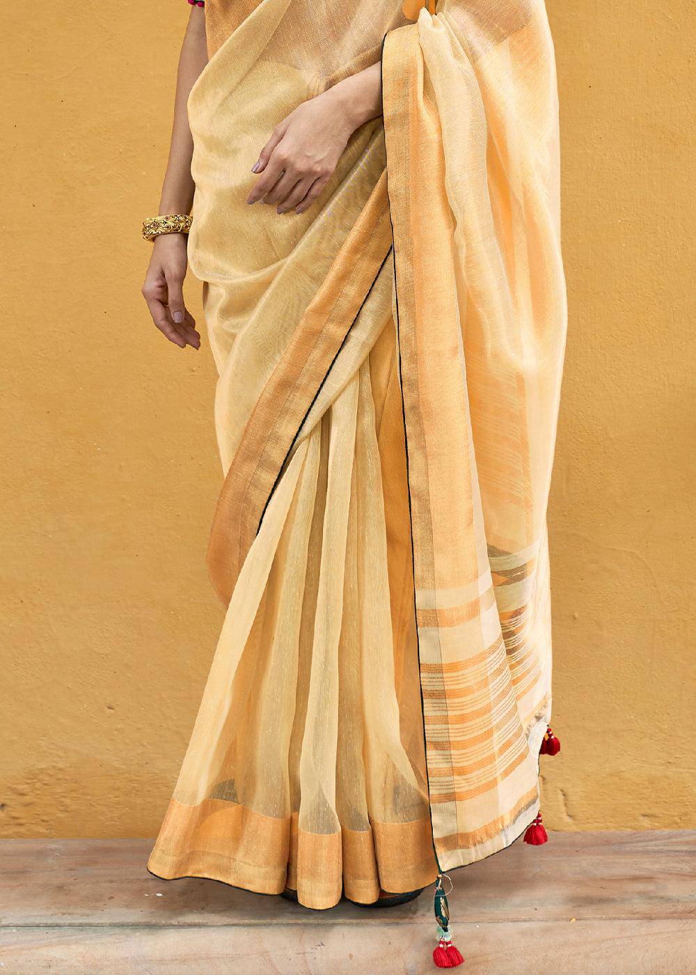 Blonde Yellow Soft Tissue Organza Silk Saree with Brocade Blouse | Stitched Blouse - qivii