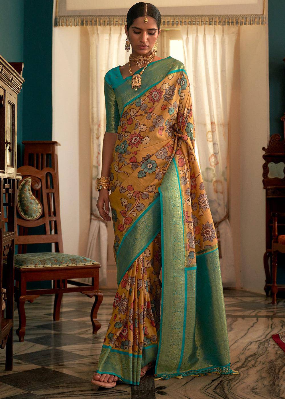 Blonde Yellow Tussar Silk Saree with kalamkari Print | Stitched Blouse - qivii