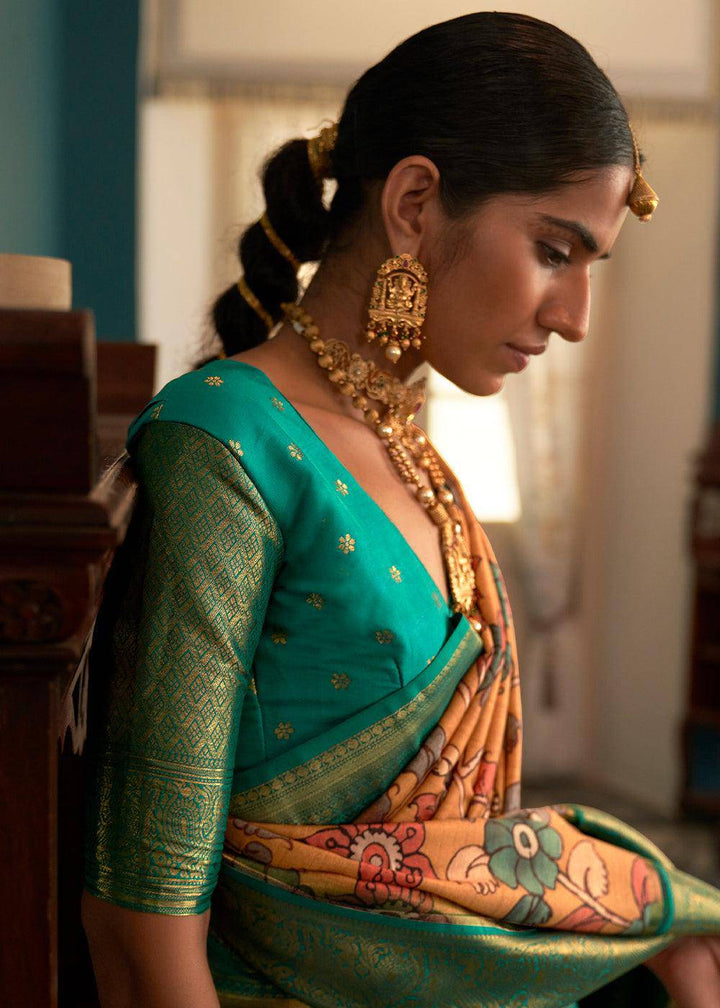 Blonde Yellow Tussar Silk Saree with kalamkari Print | Stitched Blouse - qivii