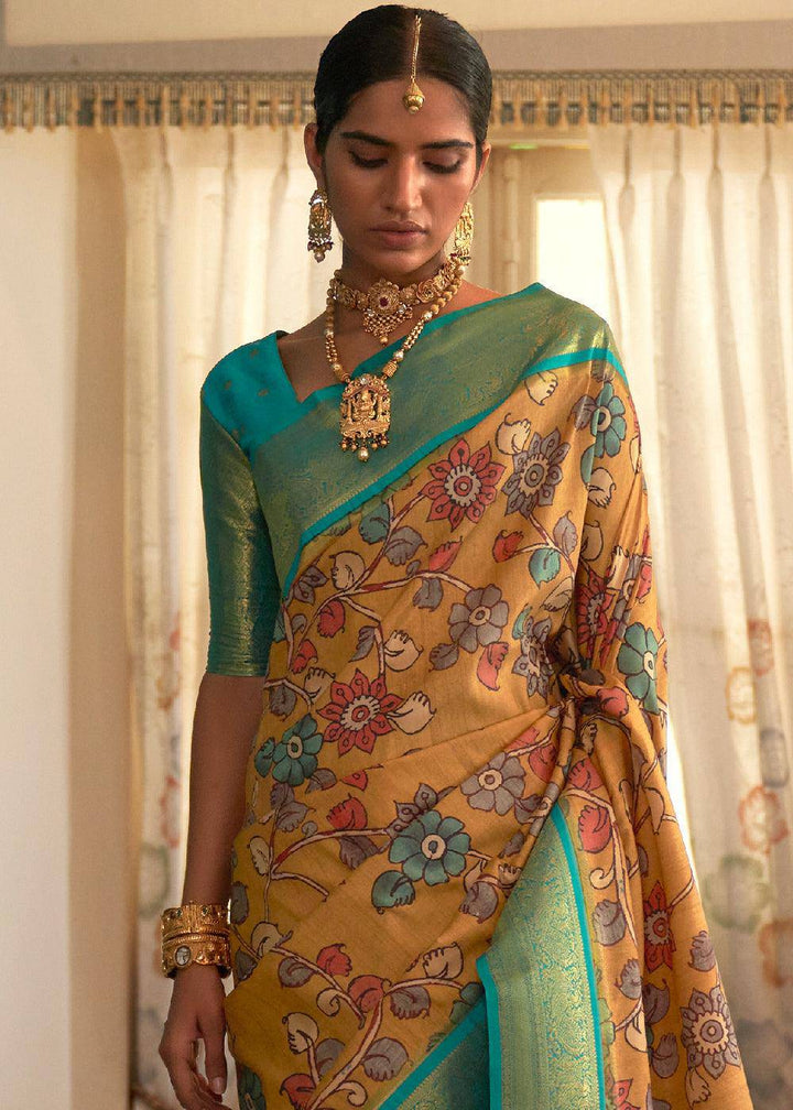 Blonde Yellow Tussar Silk Saree with kalamkari Print | Stitched Blouse - qivii