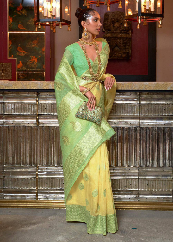 Blonde Yellow Woven Linen Silk Saree with Contrast Border & Pallu | Stitched Blouse - qivii