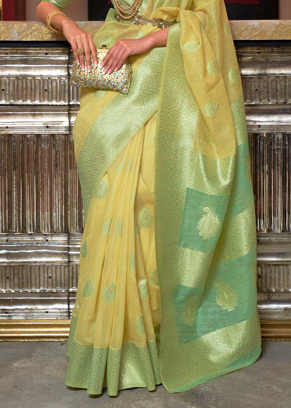 Blonde Yellow Woven Linen Silk Saree with Contrast Border & Pallu | Stitched Blouse - qivii