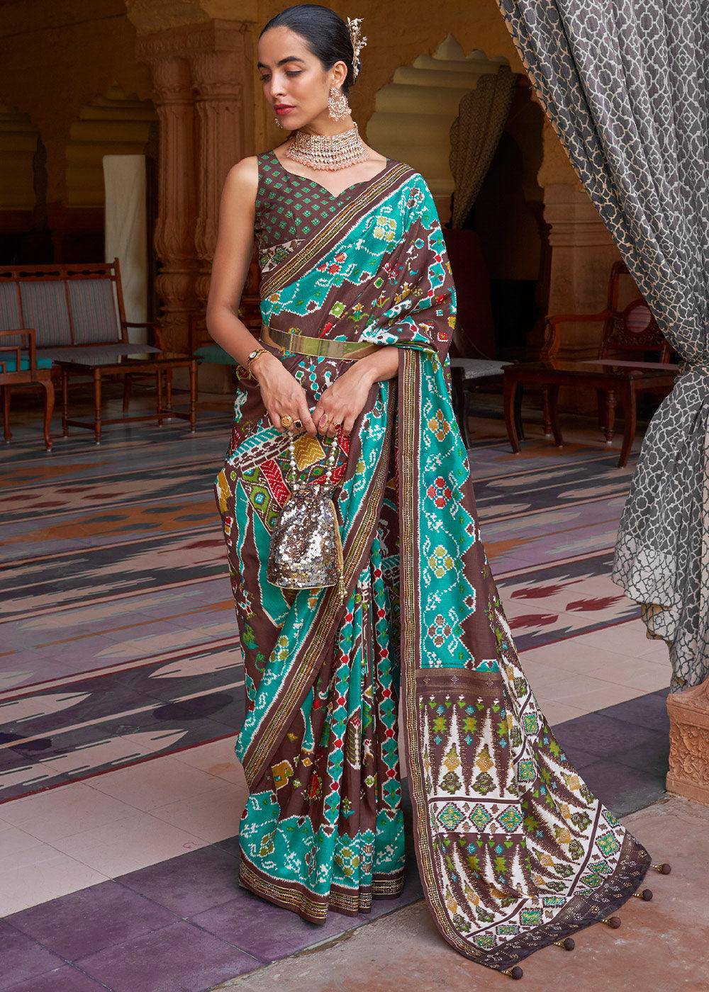 Blue & Brown Printed Patola Silk Saree with Zari Border & Tassels on Pallu | Stitched Blouse - qivii